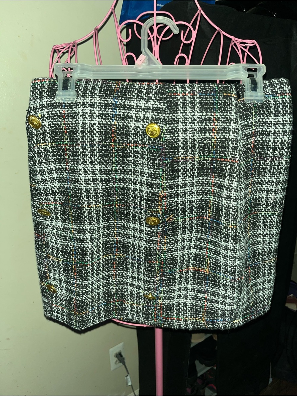 Woven Tweed Button-Front Mini Skirt - Black Multicolor